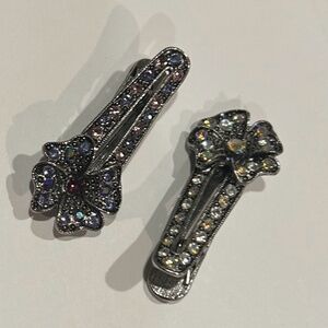 purple  and crystal flower silver beaded bejeweled vintage hair clips